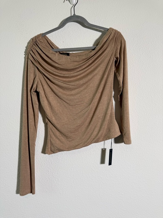 Afrm Draped Off Shoulder Top Nude Taupe Long Sleeve Ruched Minimalist Chic NWT